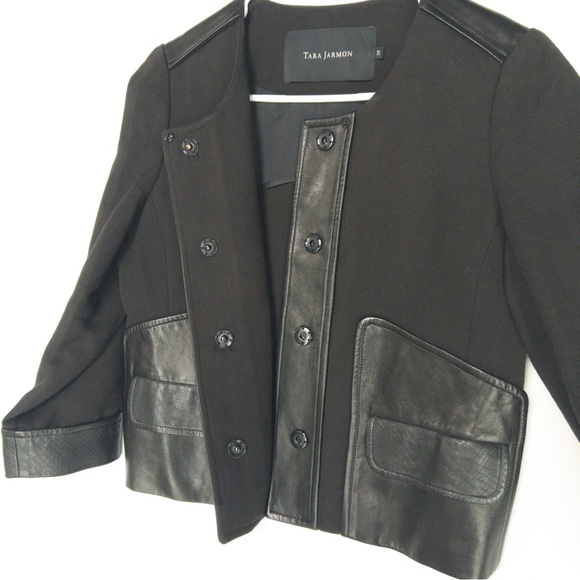 Tara Jarmon Jackets & Blazers - TARA JARMON Wool Leather Jacket Womens Size 38 US 6 M Cropped Snap Blazer
